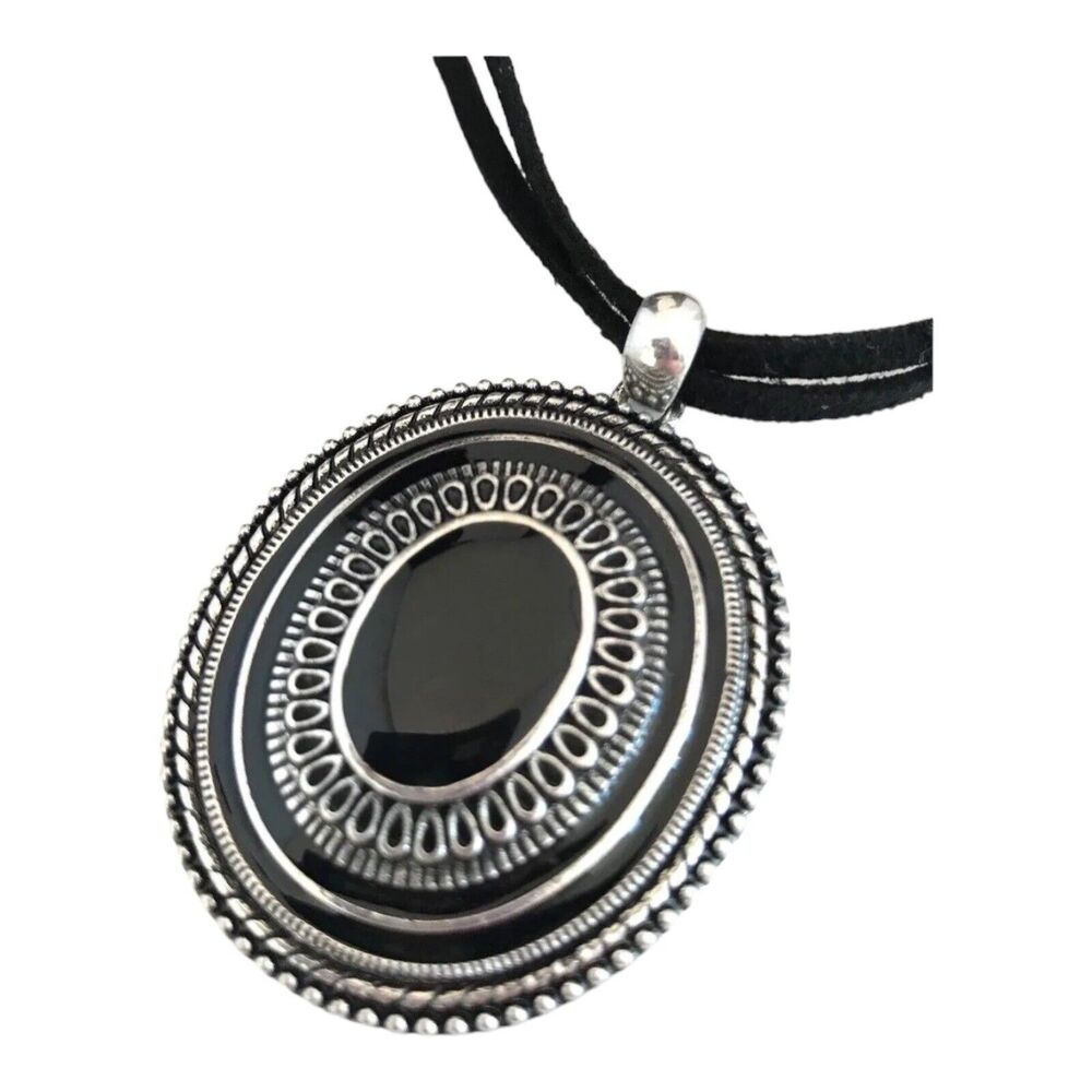 New Black Enamel Pendant Necklace Silver Tone Boho Statement - 13T